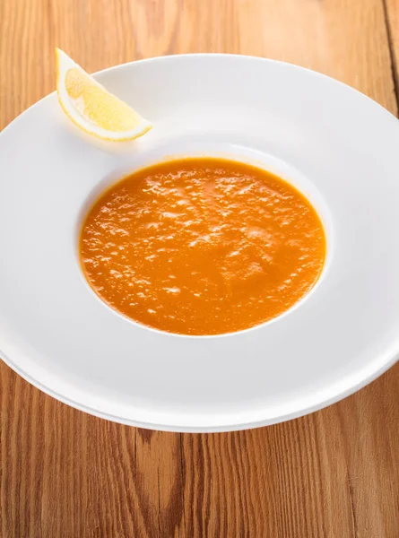 Carrot Cream Soup Puree Wooden Background — Stock Photo, Image