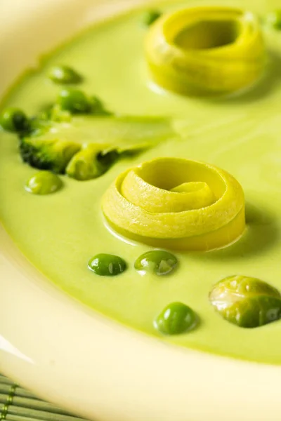Cream Soup Puree Green Peas Vegetables Closeup — Stock Photo, Image