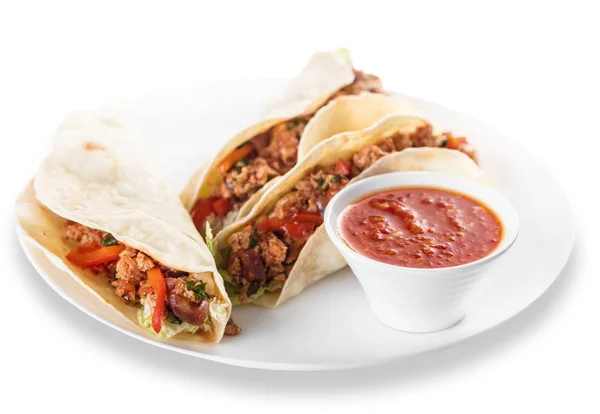 Plato Mexicano Tacos Con Carne Molida Salsa — Foto de Stock