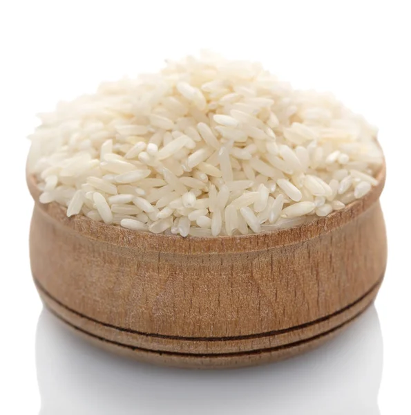 Arroz Uma Tigela Madeira Fundo Branco — Fotografia de Stock