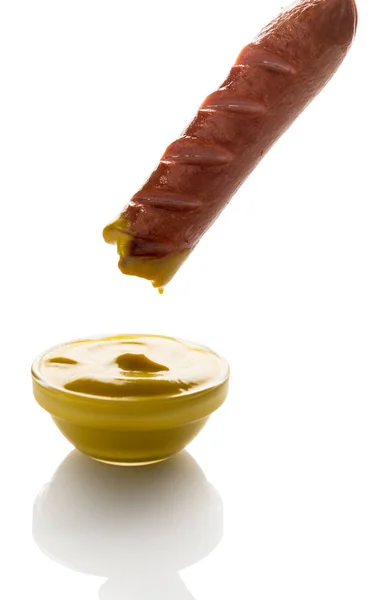 Cooked Sausage Mustard White Background — Stock Photo, Image
