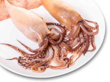 beyaz izole zemin üzerine bir tabak içinde hazırlanan kalamar