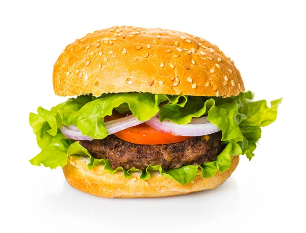 Lokanta, arka plan üzerinde beyaz taze hamburger izole