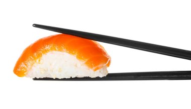 sopa ile Somon suşi beyaz izole arka plan üzerinde tutun.