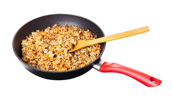 Verschiedene Gekochte Reis Mit Gemüse Einer Pfanne Auf Weißem Hintergrund — Stockfoto