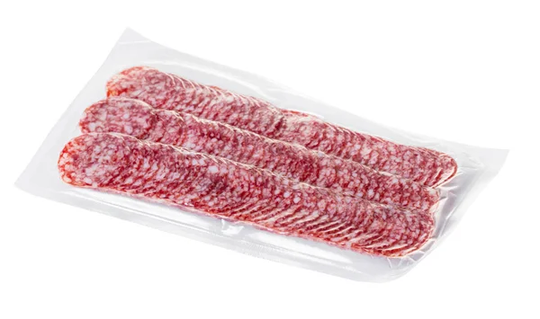 Sliced Salami Package White Isolated Background — Stock Photo, Image