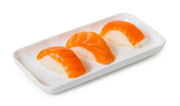 Cibo Giapponese Sushi Con Salmone Sfondo Bianco Isolato — Foto Stock
