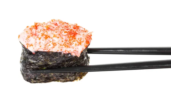 Kije Zachować Gunkan Sushi Łososiem Kawiorem Białym Tle — Zdjęcie stockowe