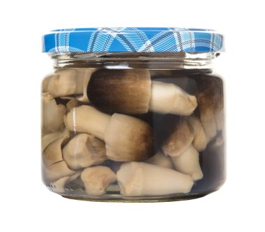 Beyaz izole arka planda kavanozda mantar turşusu.