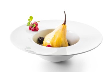 tatlı, çilek ile bal şurubu pişmiş armut