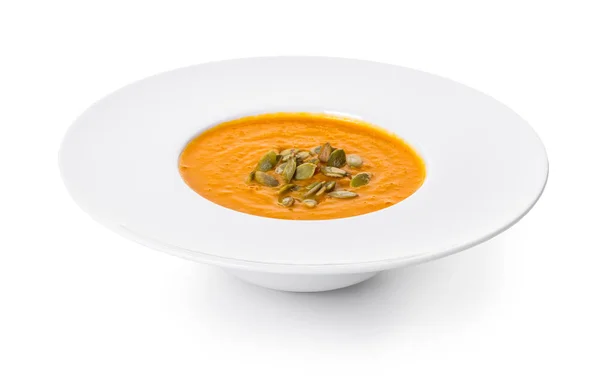 Organic Pumpkin Cream Soup White Isolated Background — Stock Photo, Image