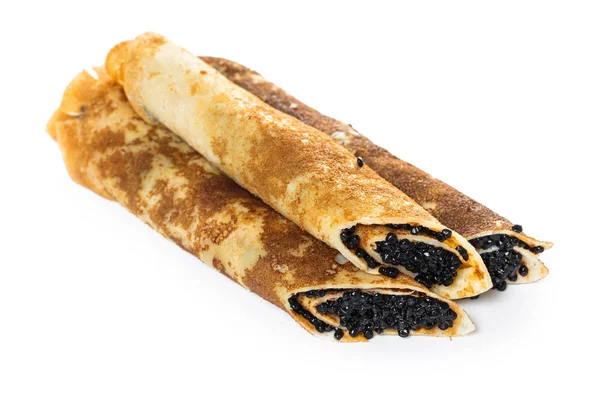 Pfannkuchen Mit Schwarzem Kaviar Auf Weißem Hintergrund — Stockfoto