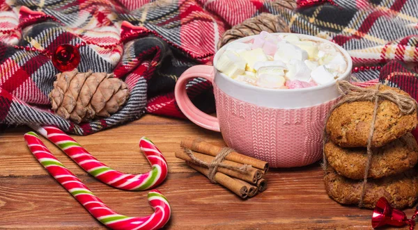 Holiday cup of cocoa with marshmallow or coffee with spice and home cookies. Christmas background.