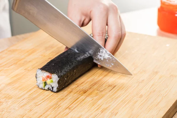 Japanese Cuisine Chef Cuts Rolls Hands Close — Stock Photo, Image