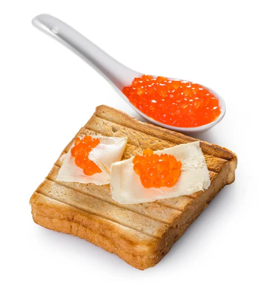 Toast Met Boter Kaviaar Witte Geïsoleerde Achtergrond — Stockfoto