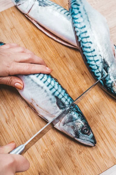 Cook Cuts Raw Mackerel Fish Hands Closeup — Stock Photo, Image