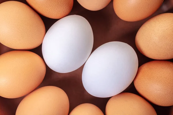 Många Kyckling Ägg Närbild Brun Bakgrund — Stockfoto