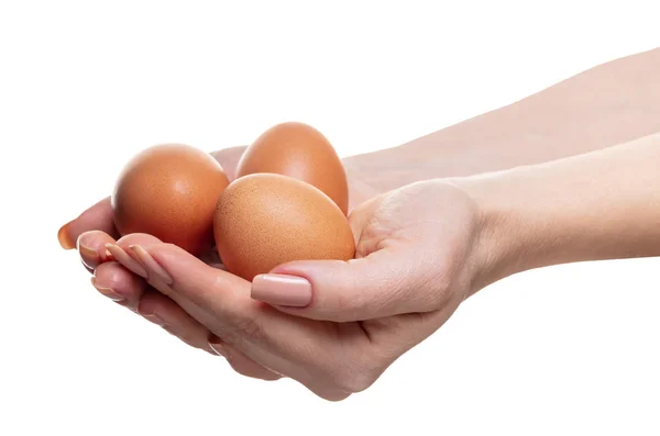 Ovos Galinha Mãos Femininas Sobre Fundo Isolado Branco — Fotografia de Stock