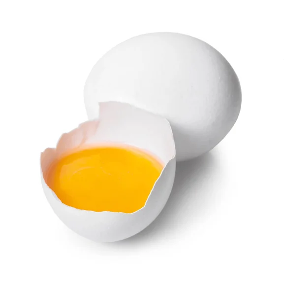 Зламані Цілі Курячі Яйця Білому Ізольованому Фоні — стокове фото