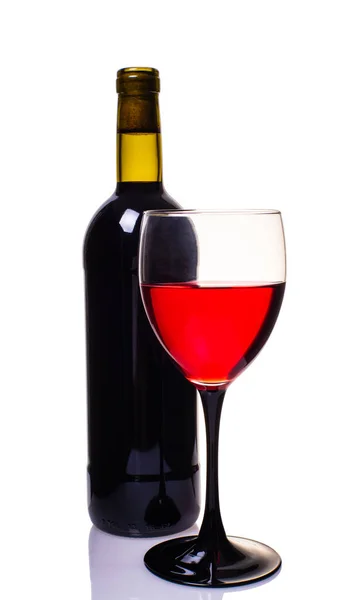 Bouteille Verre Vin Rouge Gros Plan Sur Fond Blanc — Photo