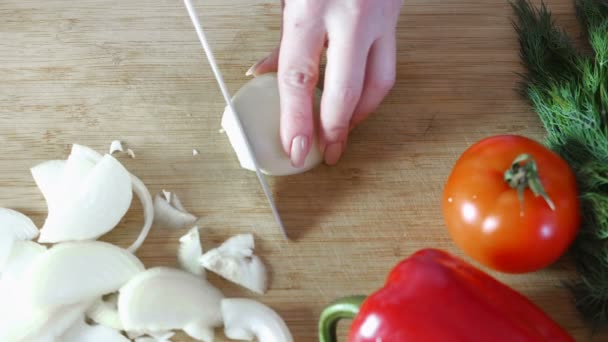 Mulher Cozinheiro Corta Cebolas Mãos Closeup — Vídeo de Stock