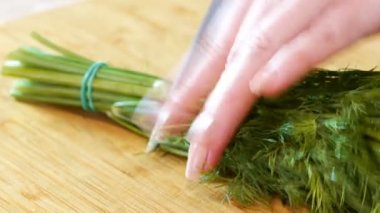 kadın aşçı dereotu keser, yakın çekim eller