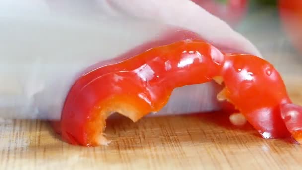 Female Cook Cuts Sweet Pepper Hands Closeup — Stock Video