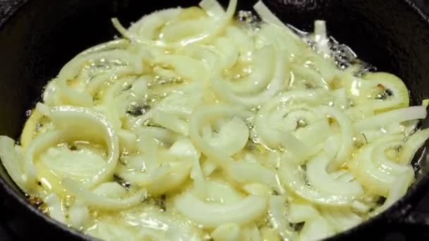 Cipolla Fritta Olio Vegetale Una Padella Primo Piano — Video Stock