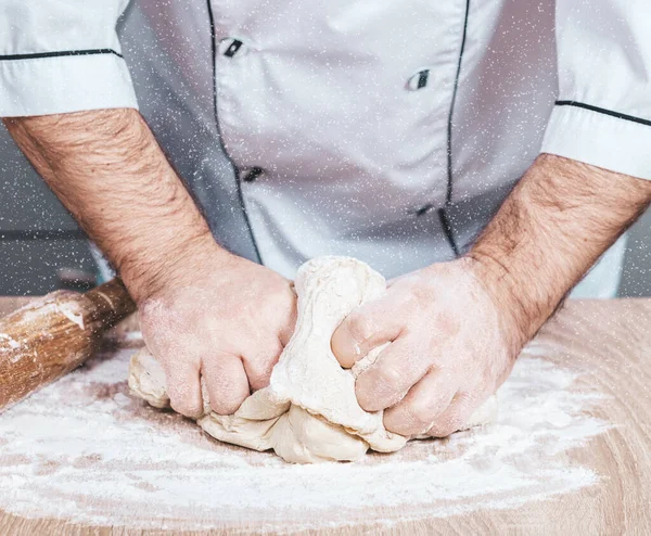 Male Cook Kneads Dough Table Hands Close — Stock Photo, Image