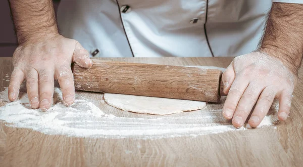 Male Cook Kneads Dough Table Hands Close — Stock Photo, Image