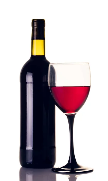 Bouteille Verre Vin Rouge Gros Plan Sur Fond Blanc — Photo