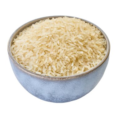 Kesme yolu olan kabın içinde çiğ pirinç, beyaz izole edilmiş arka plan.                                 