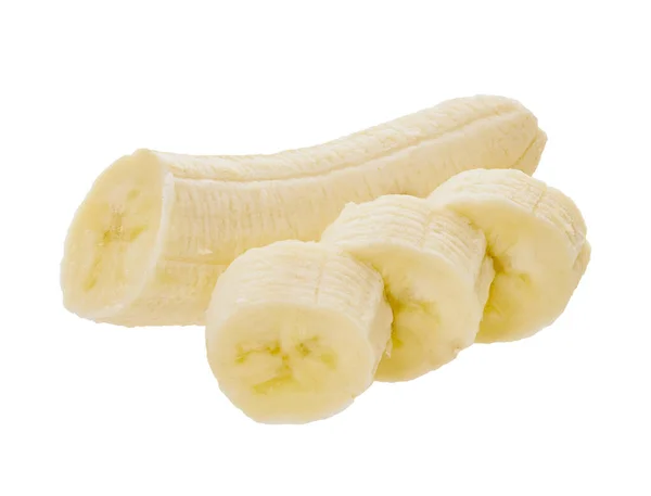 Obrane Plasterki Bananów Białym Izolowanym Tle Ścieżką Wycinania — Zdjęcie stockowe