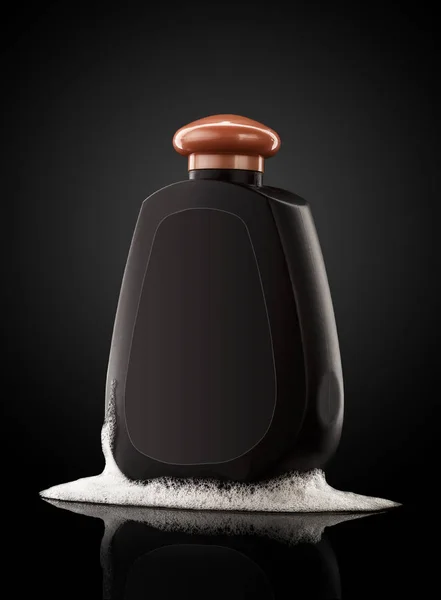 Frasco preto recipiente cosmético para espuma de banho sobre backgro preto — Fotografia de Stock