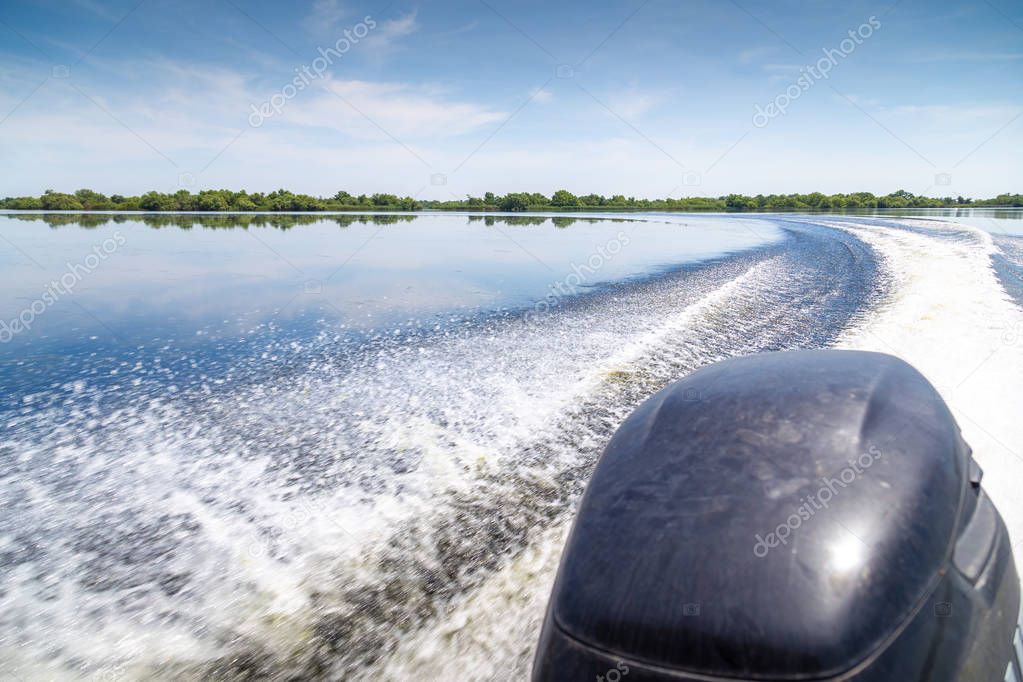 Trail of beautiful water from motor boat in Danube Delta, Romania