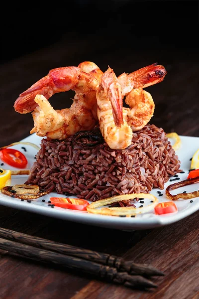 king prawns grilled with a side of red rice
