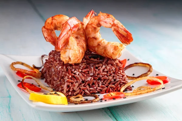 king prawns grilled with a side of red rice