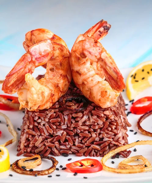 king prawns grilled with a side of red rice