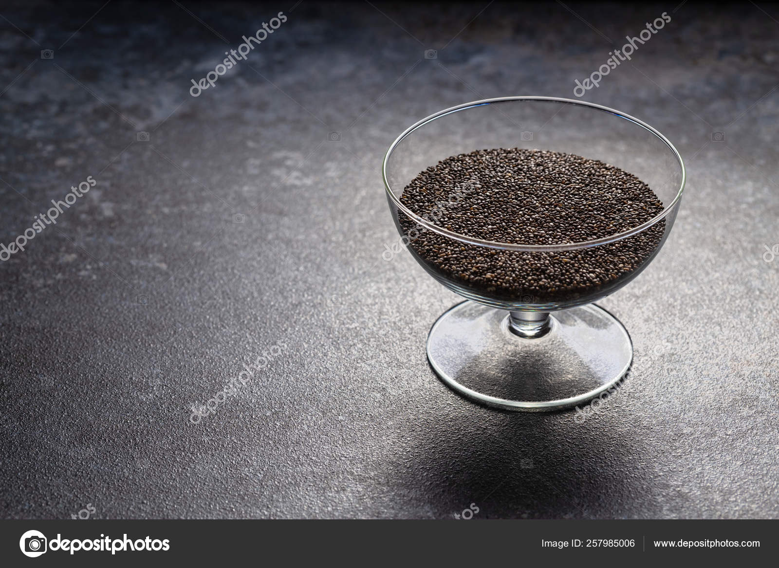 Chia Seeds Glass Vase Close Dark Stone Surface Horizontal Stock