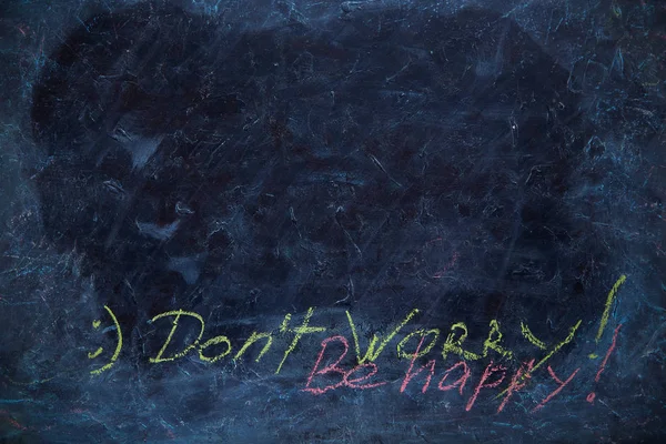 Dirty chalk Board with the words DON\'t WORRY BE HAPPY and smiley. Free space for text.