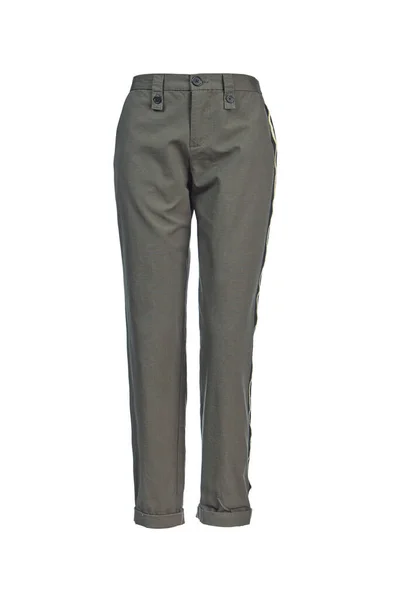 Women's trousers are pale green with pockets made of thick cotton, isolated on a white background on a transparent mannequin.