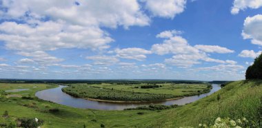 Panorama great Russian expanse and beauty of the view from Crown bending Klyazma river near the town of Vyazniki, Vladimir Region clipart