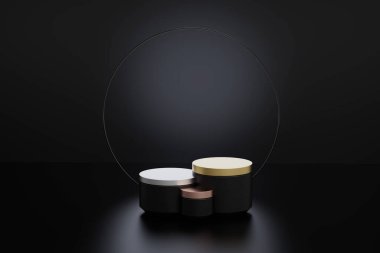 3 boyutlu arkaplan oluşturma, üç kaide ve bir vitrin, soyut asgari konsept, boş alan, basit temiz tasarım, minimalist modelleme