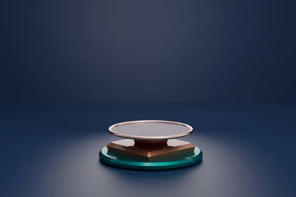 Mavi arka planda izole edilmiş 3D yeşil metal ve altın kaide, kaidede altın halkalar, soyut minimum konsept, boş alan, lüks minimalist modelleme