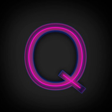 Q harfinin siyah arkaplanda mavi harfle, 3D görüntüleme, neon kırmızı büyük harf parladı..
