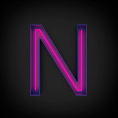 3D görüntüleme, neon kırmızı büyük harf N aydınlandı, mavi harfin içinde, siyah arkaplanda.