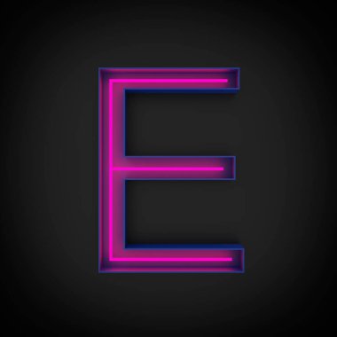 3D görüntüleme, neon kırmızı büyük harf E, mavi harfin içinde, siyah arka planda..