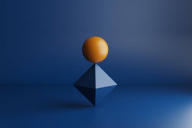 3D görüntüleme, turuncu küre mavi eşkenar dörtgen üzerinde mükemmel dengede, mavi arkaplan