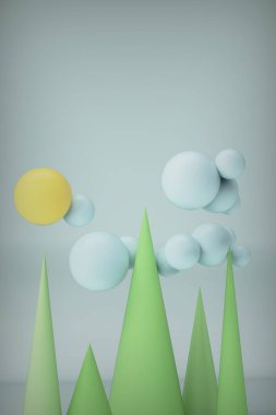 3 boyutlu görüntüleme. 3D 'den gelen yaratıcı bileşim topları ve konileri bulutlu, dikey bir doğal manzara olarak şekillendirir.
