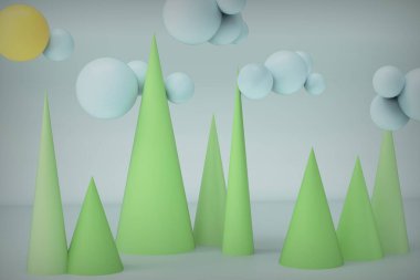 3 boyutlu görüntüleme. 3D 'den gelen yaratıcı bileşim topları ve konileri bulutlu, yatay ve doğal bir manzara olarak şekillendirir.